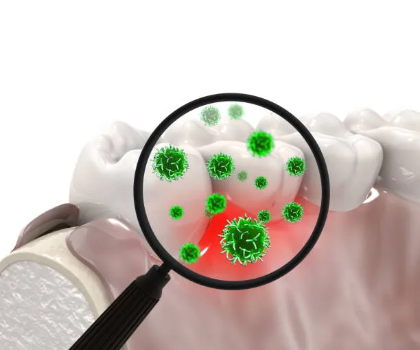 Teeth with magnifier showing bacteria. 3d illustration